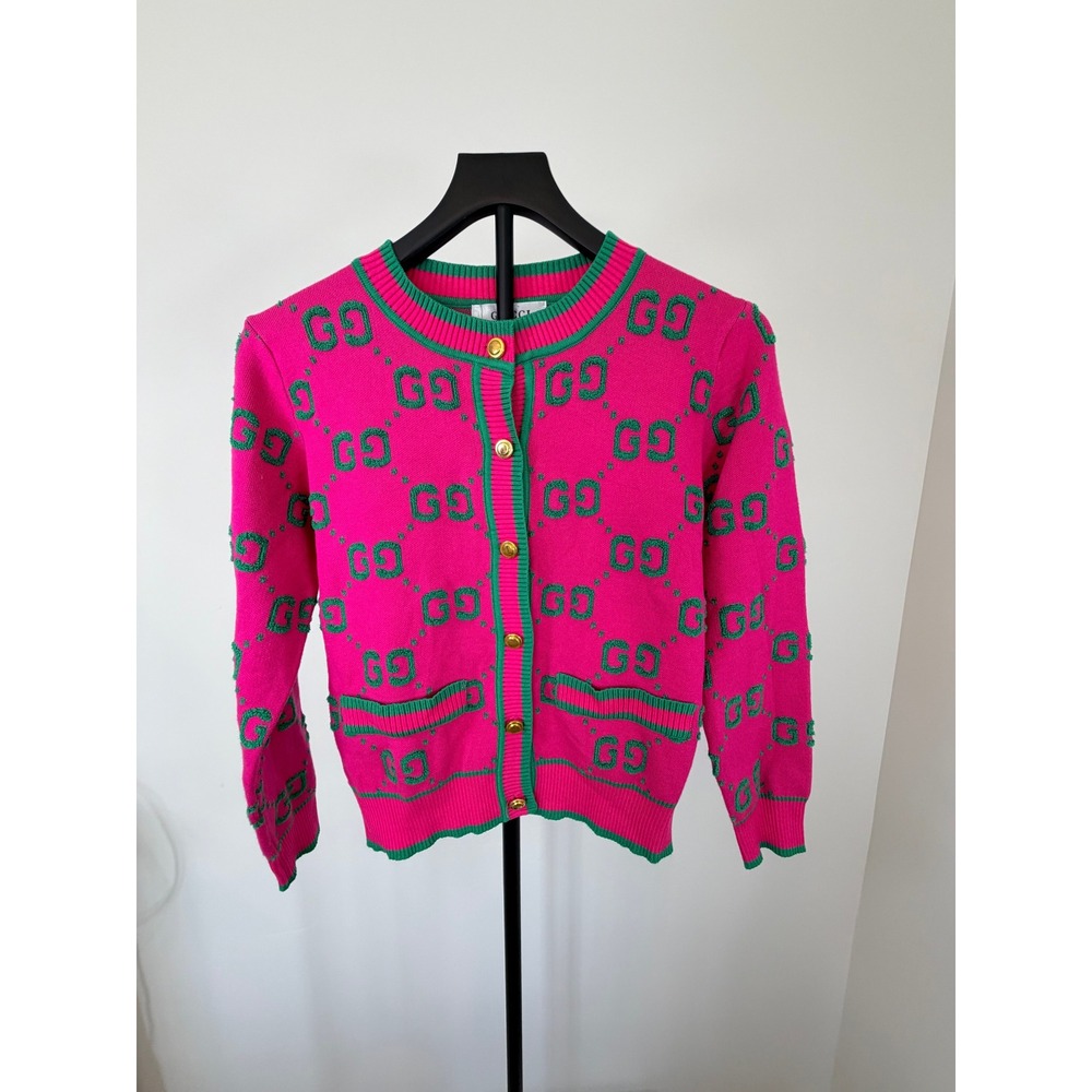 Pink and Green Monogram Knit Cardigan Gold Button Sweater Small